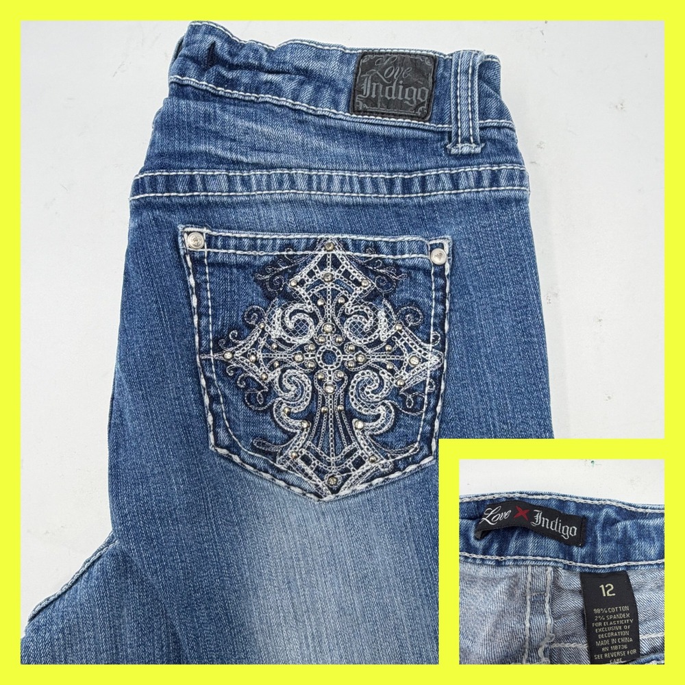 Love Indigo Women's SZ 12 Bootcut Jeans Embellished Rhinestone Pockets Blue Y2K